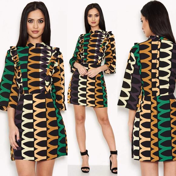 AX Paris Green Black Green Aztec Printed Day Mini Wrap Dress Ruffled Size S - Picture 2 of 9